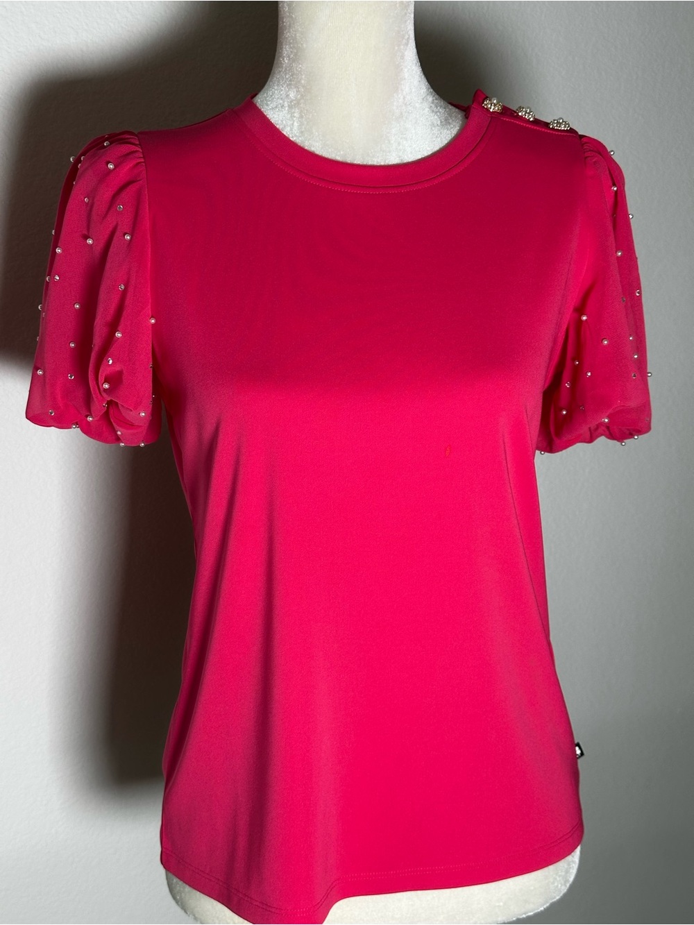 KARL LAGERFIELD PARIS | Pearl Embellished Puff Sleeve Top | Pink | XS